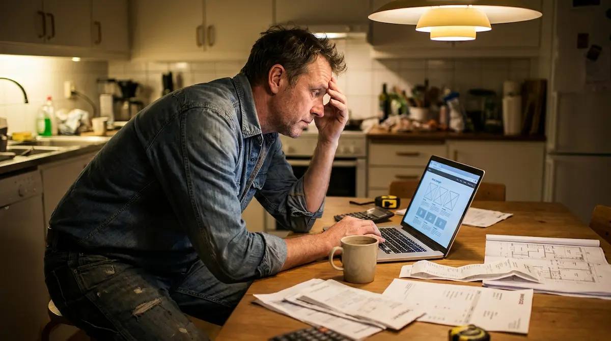 Contractor working late on DIY website project with paperwork and calculator showing hidden time costs