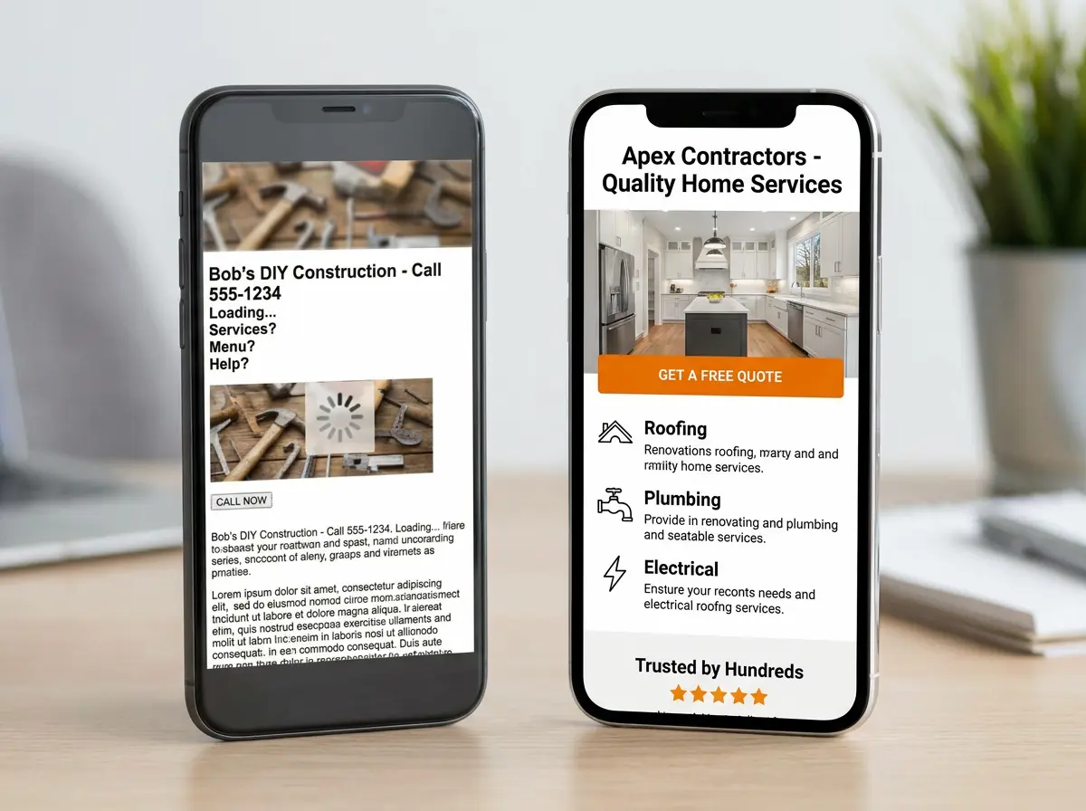 Mobile comparison of DIY contractor website versus professional contractor website design on smartphones