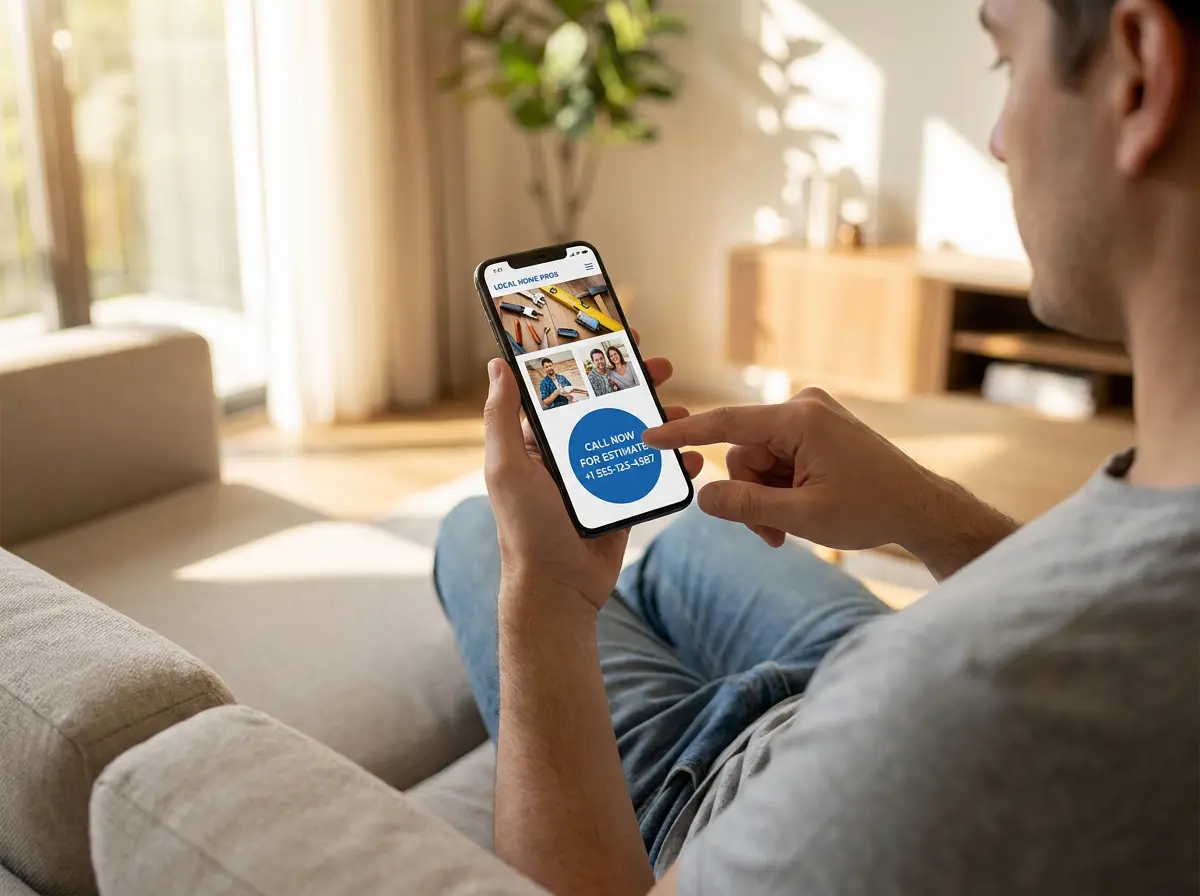Mobile phone showing contractor website with prominent contact button