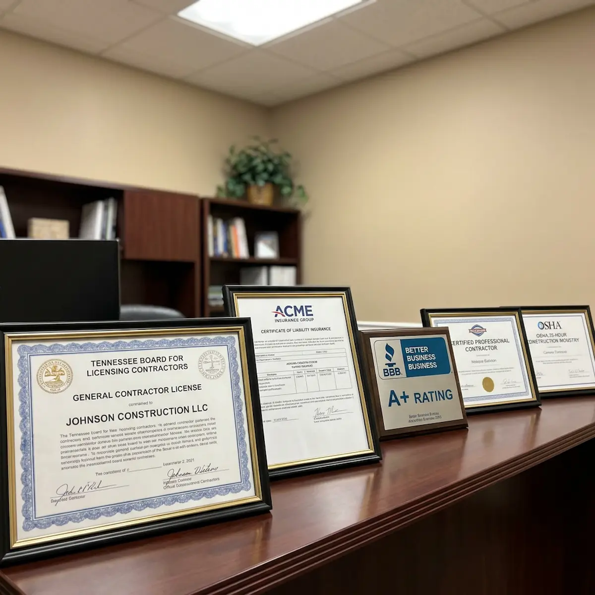 Professional contractor licenses and certifications displayed for credibility