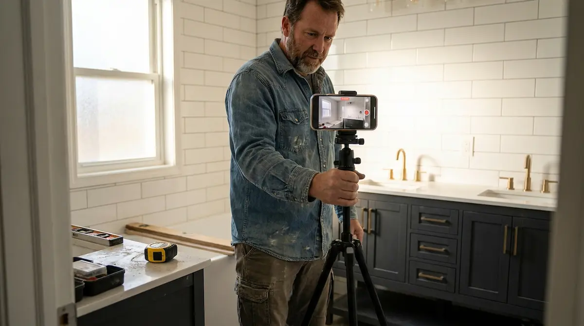 Knoxville contractor filming bathroom renovation project for video marketing content