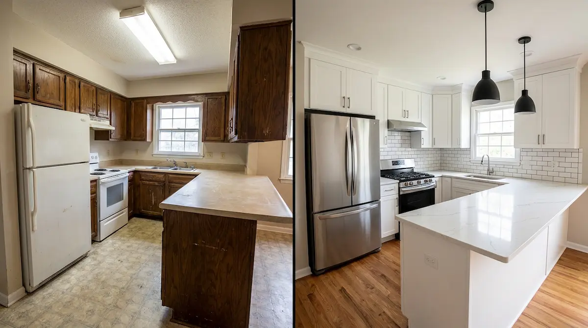 Before and after kitchen renovation showing dramatic transformation from outdated space to modern design