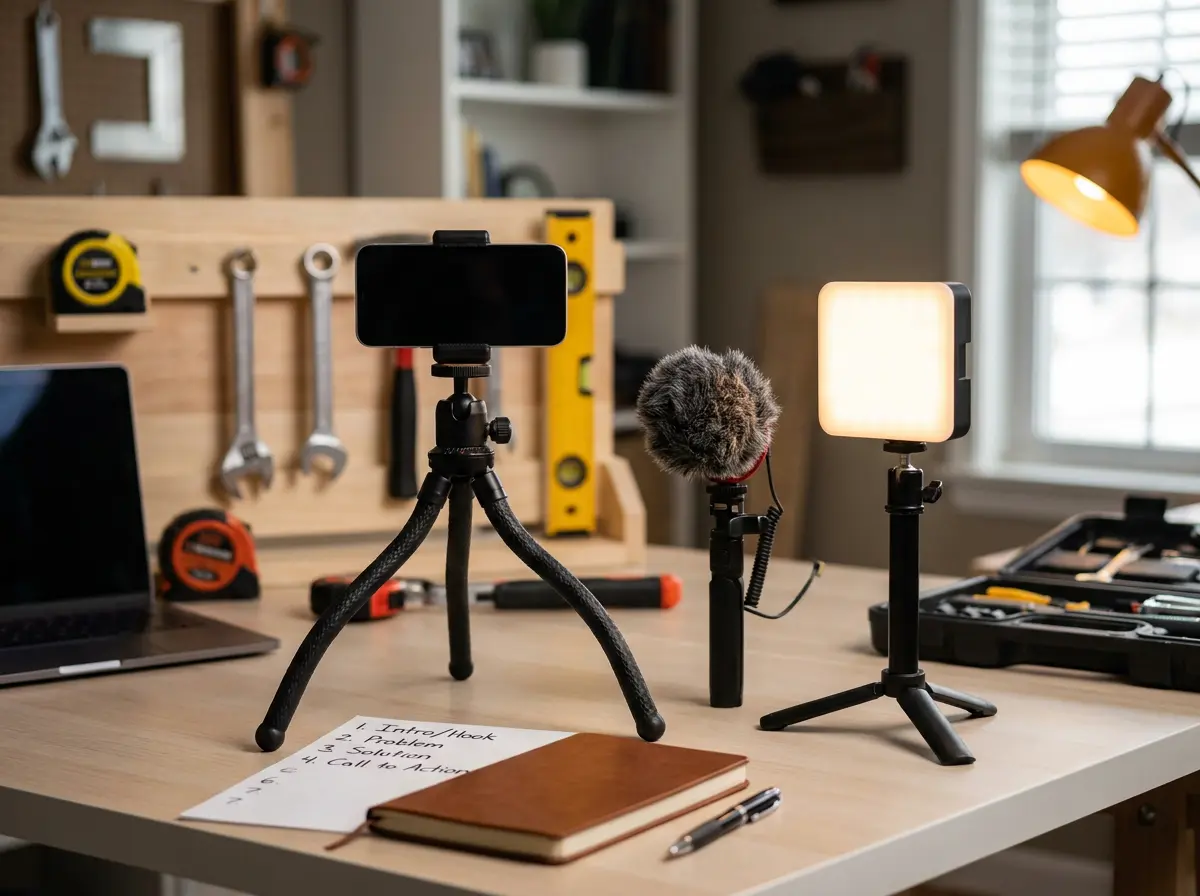 Contractor's video production equipment setup with smartphone, tripod, lighting, and filming checklist