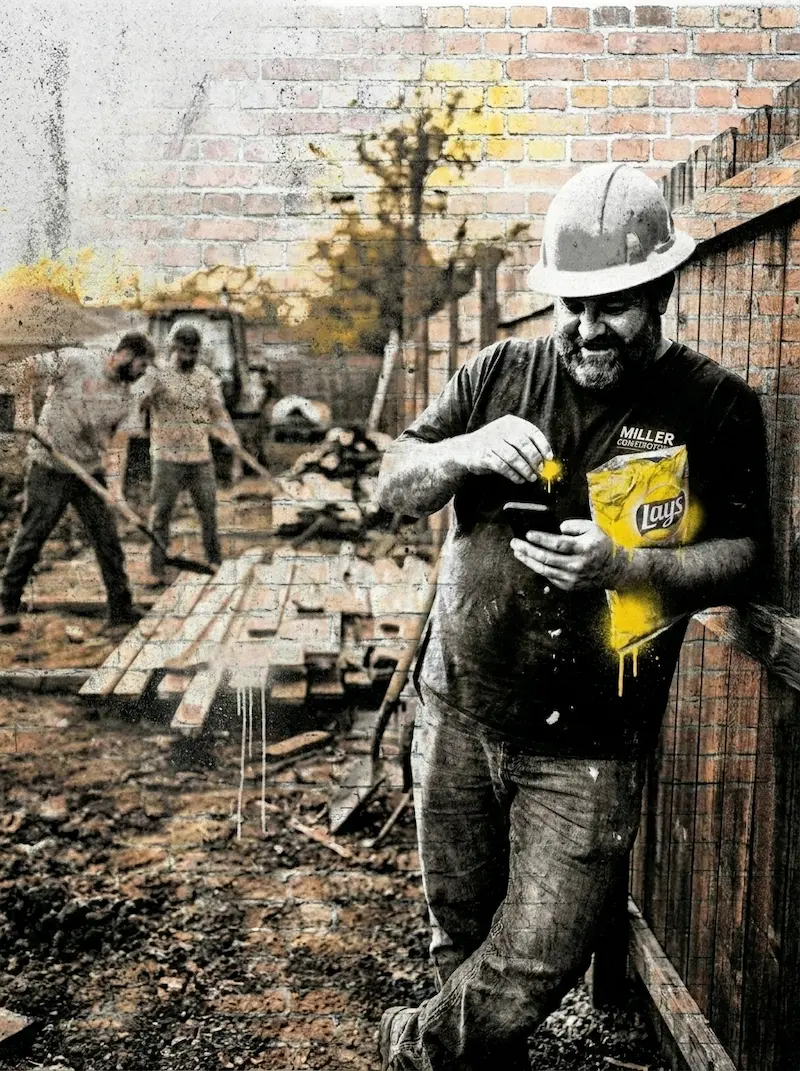 A contractor leaning against a fence scrolling his phone while his crew works hard behind him