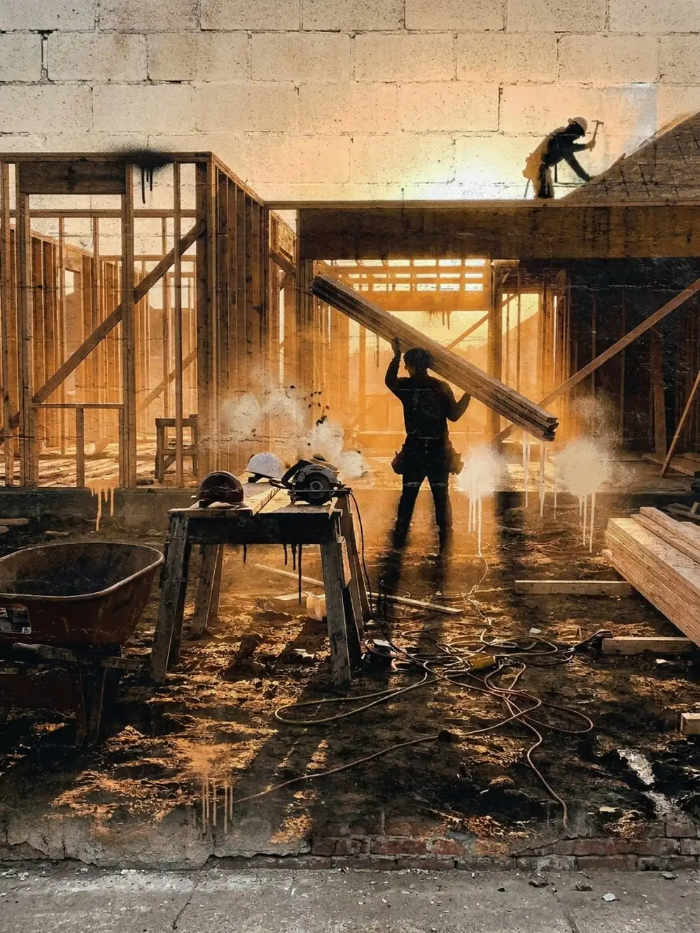 A construction crew framing a house at golden hour, one worker carrying lumber through the frame and another up on the roofline