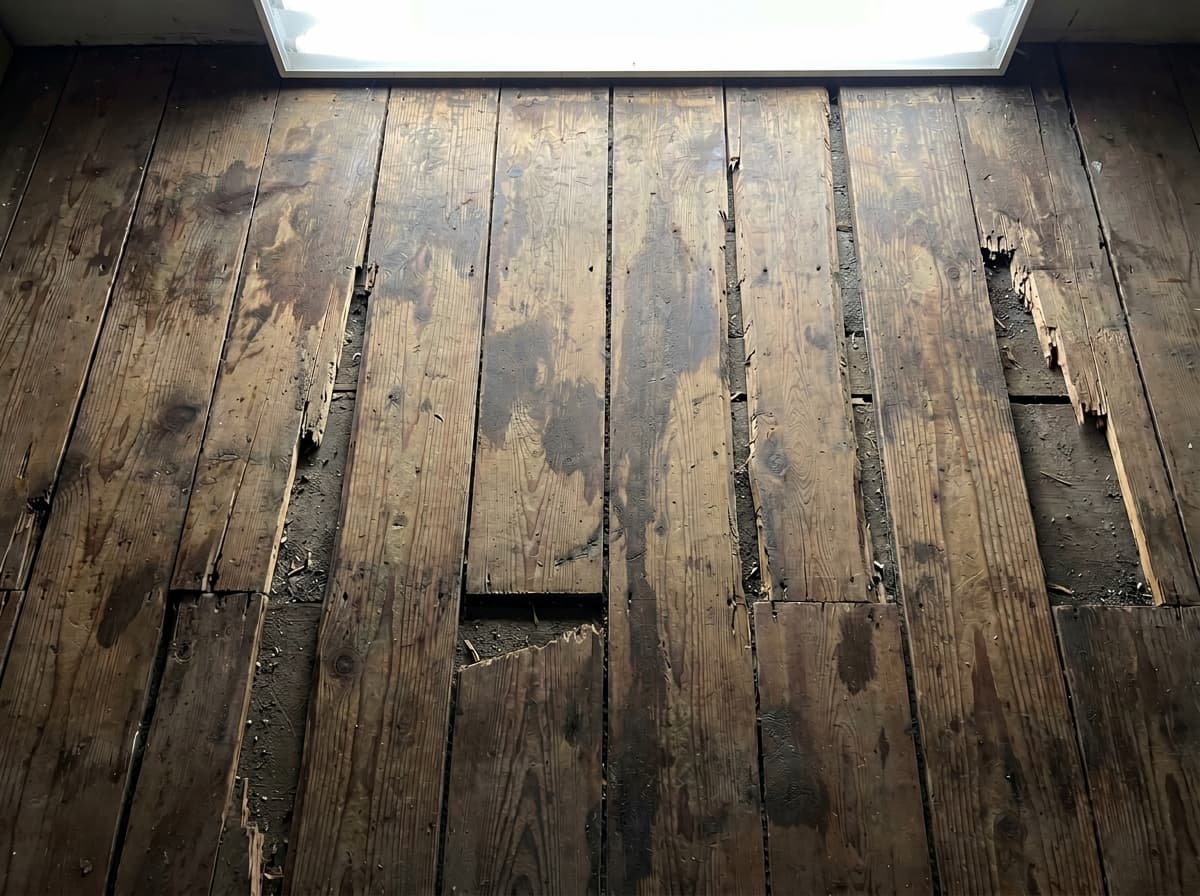 Before — damaged pine subfloor