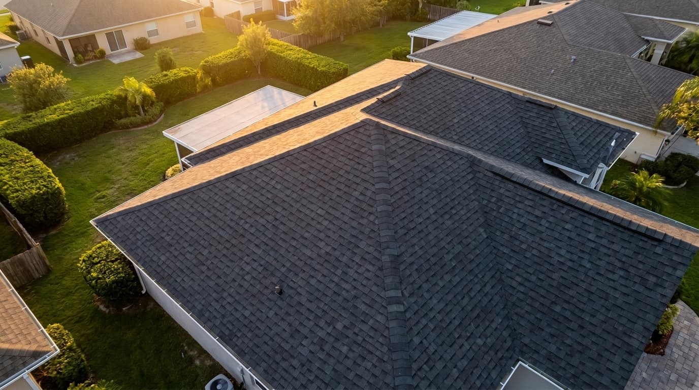 Newly completed charcoal shingle roof on suburban home