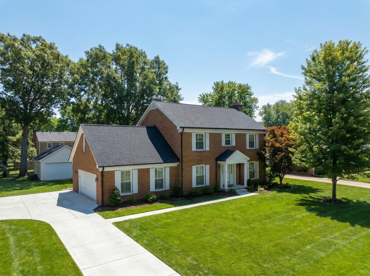 New charcoal shingle roof with gutters on colonial home