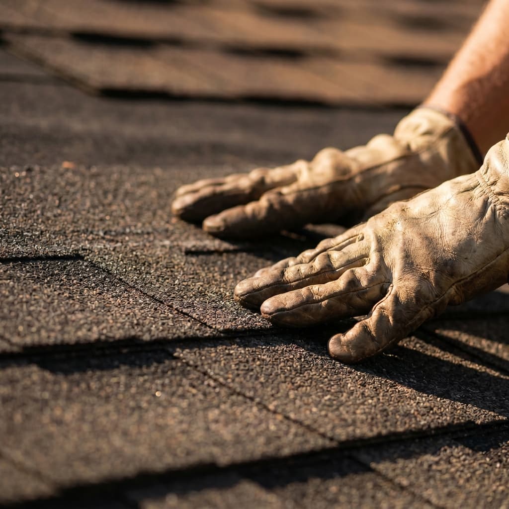 Roofer's hands laying architectural shingles